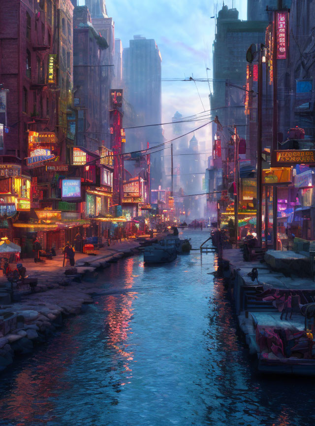 Neon-lit urban canal in bustling cityscape