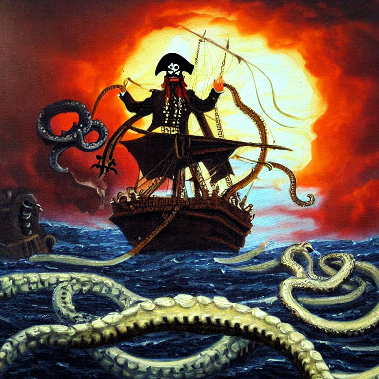 Pirate on Ship Rigging with Sea Monsters in Red Sky