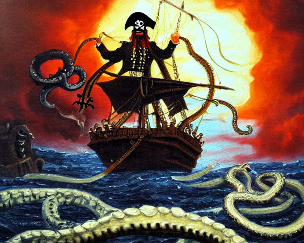 Pirate on Ship Rigging with Sea Monsters in Red Sky