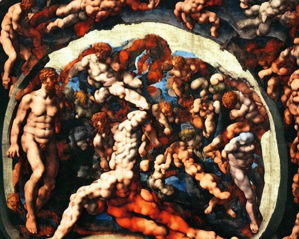 Detailed fresco of intertwined muscular figures in warm tones