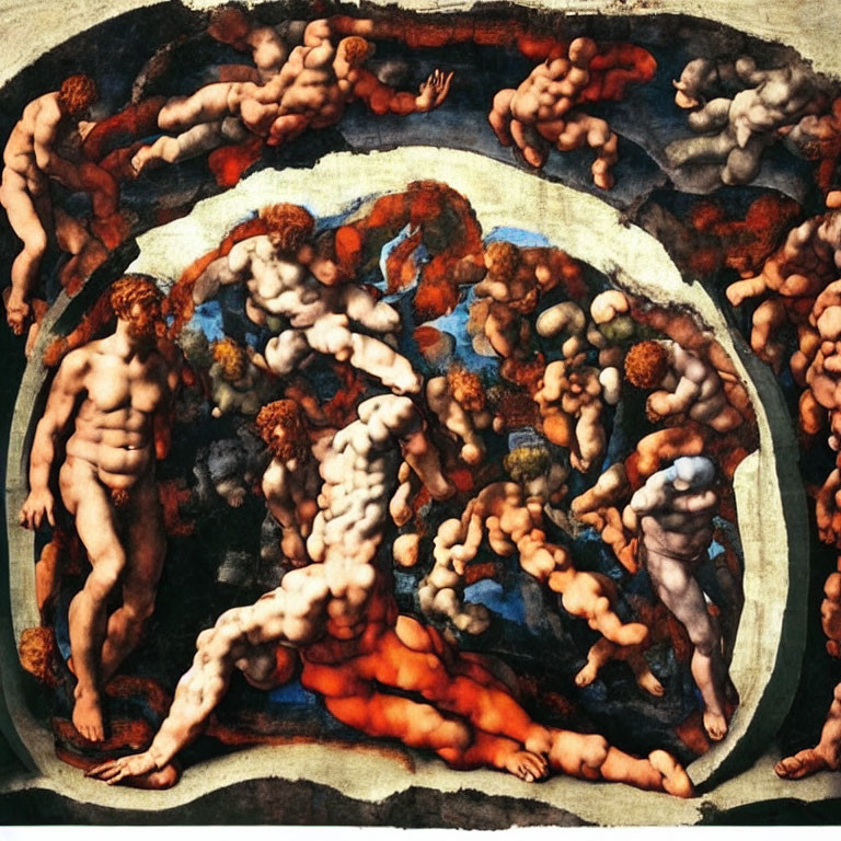 Detailed fresco of intertwined muscular figures in warm tones