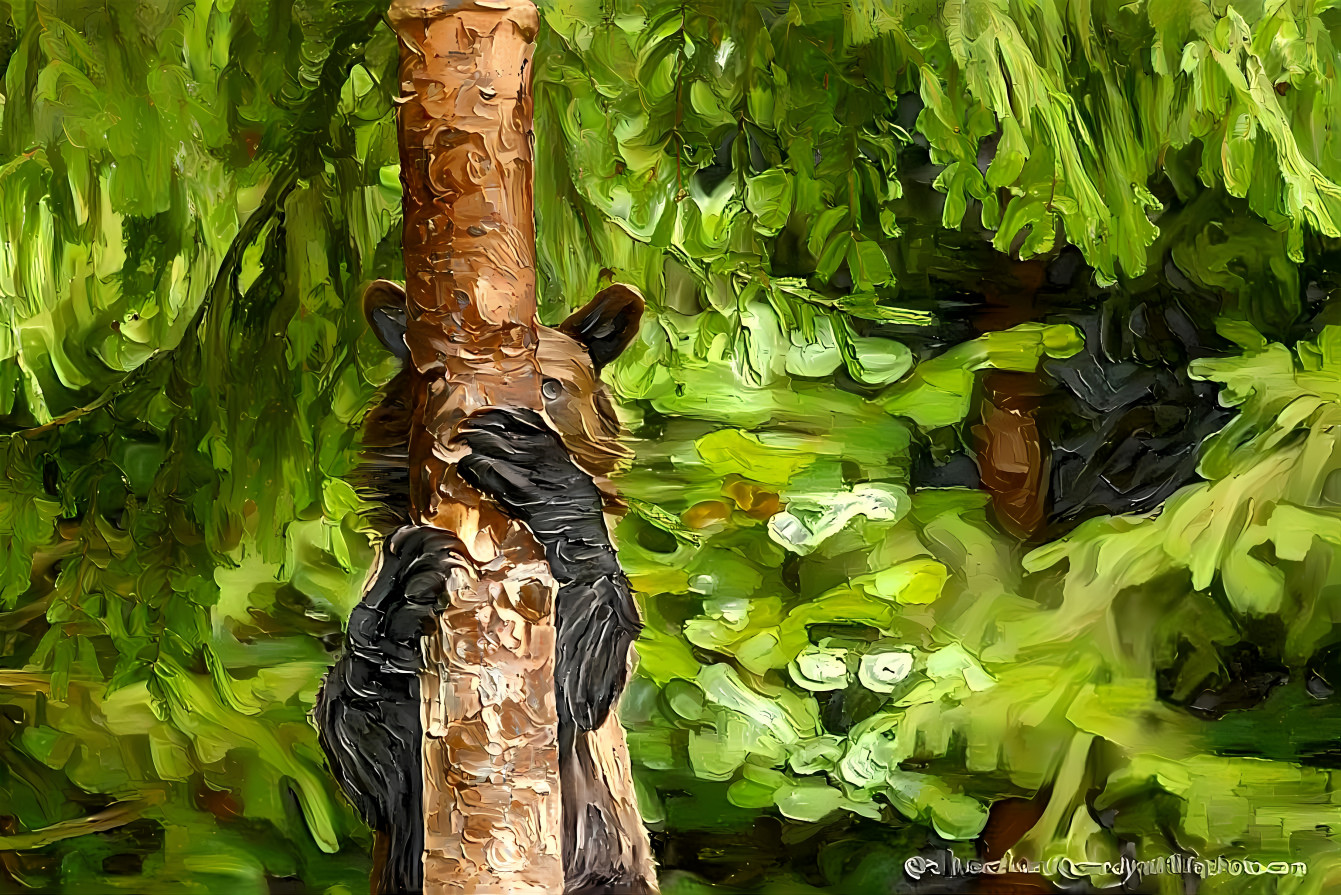 Painted, hiding bear