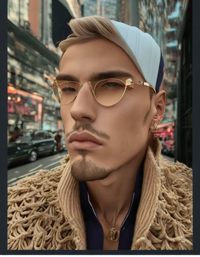 Portrait of a man with mustache, beard, glasses, piercings, cap, and textured