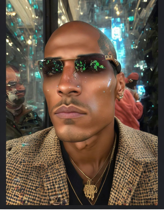 Person with head tattoo in mirrored space wearing sunglasses and houndstooth jacket