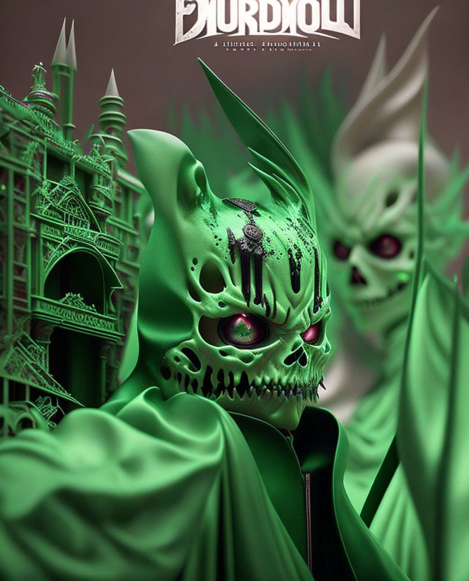 Green Skull-Faced Character in Hooded Cloak Amid Gothic Structures