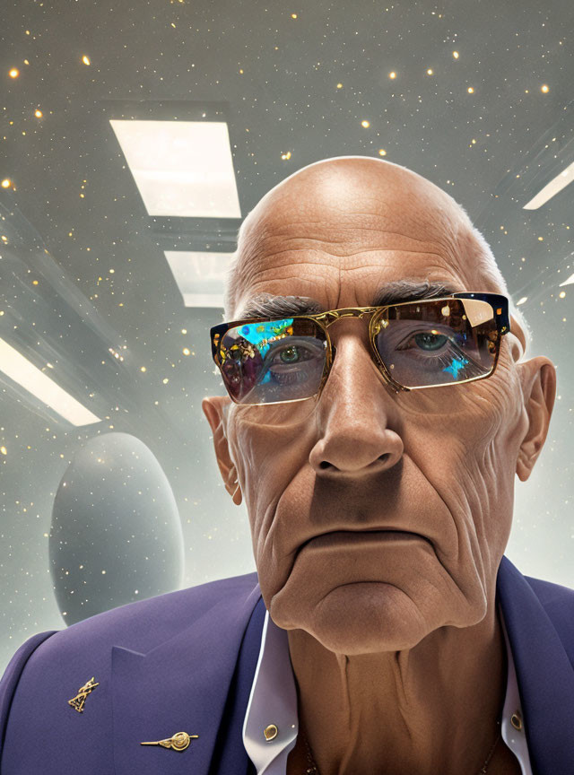 Senior man in blue suit and sunglasses against cosmic backdrop