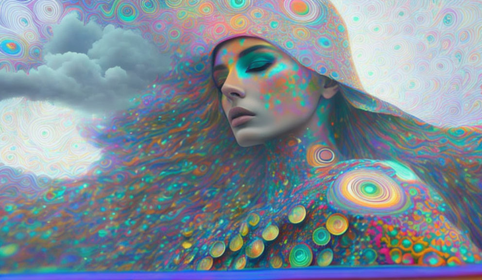 Woman adorned with psychedelic patterns under colorful sky