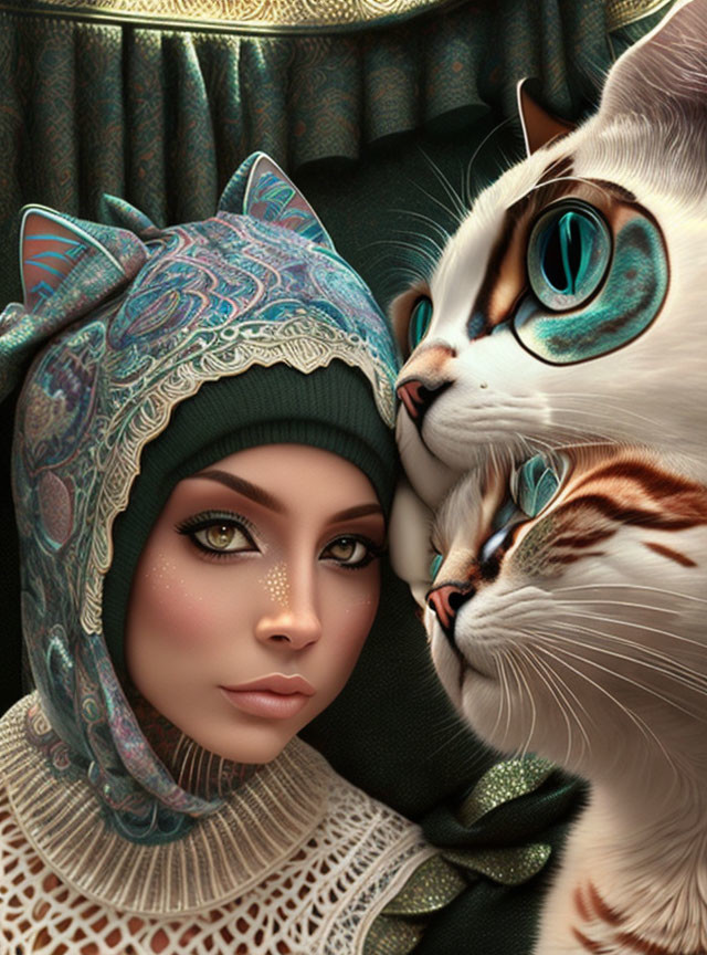 Woman in cat-eared headscarf with matching-eyed cat snuggling.