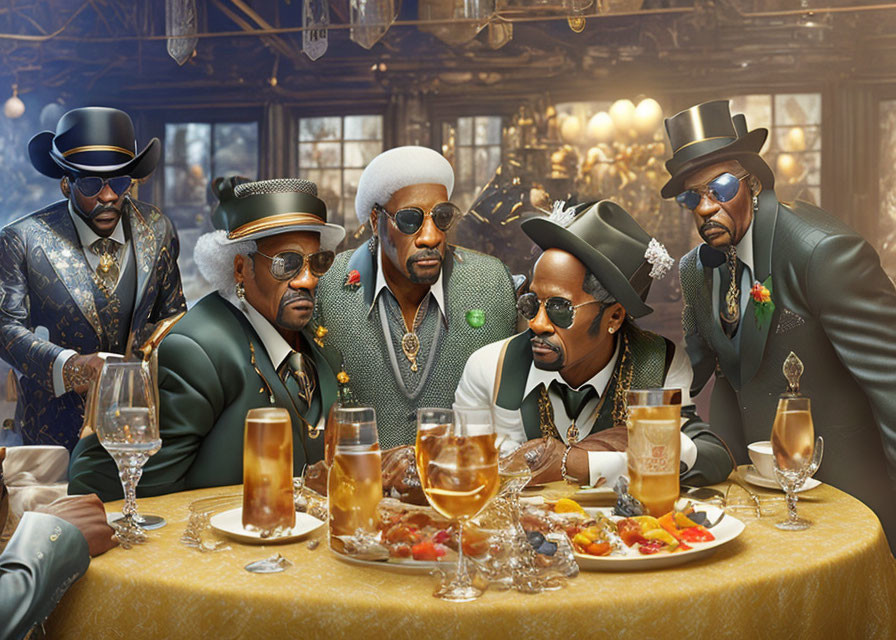 Vintage setting with five stylishly dressed men at a table.