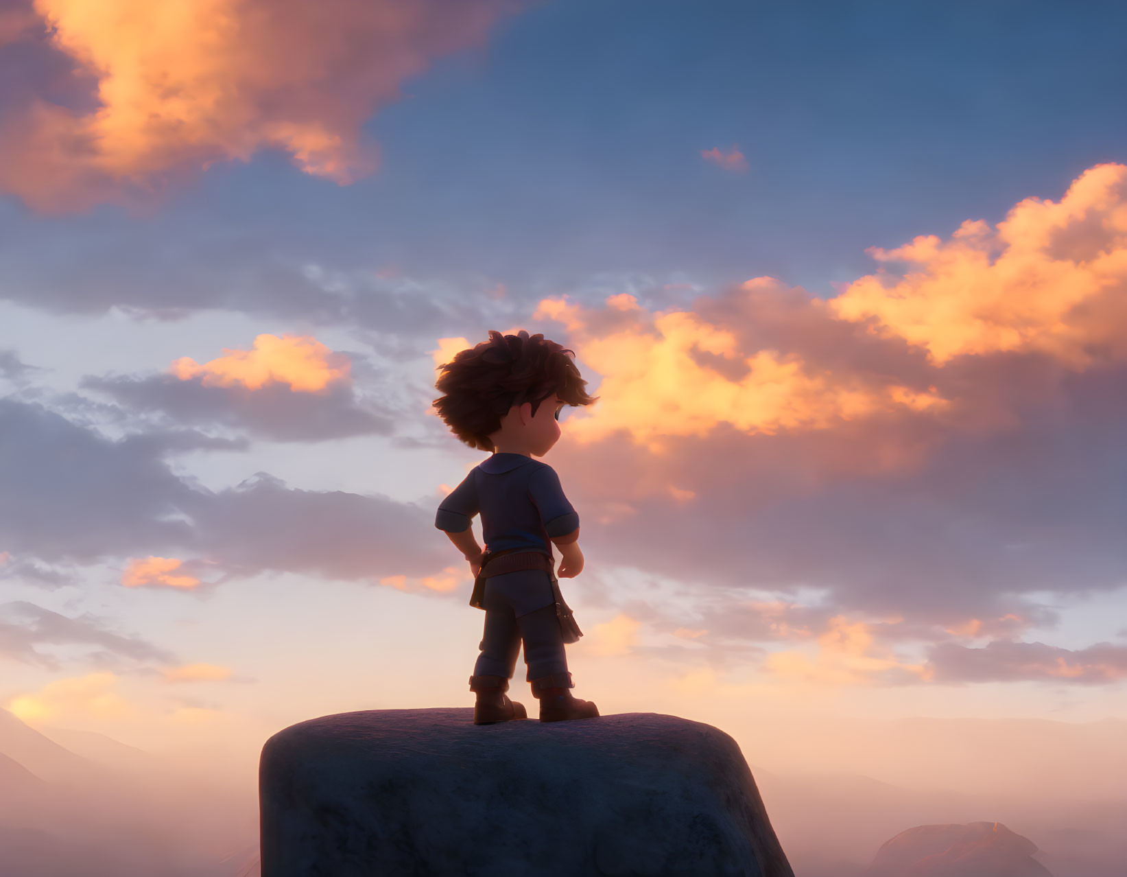 Boy standing on rock gazes at glowing clouds and mountains at dusk