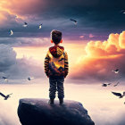 Boy standing on rock gazes at glowing clouds and mountains at dusk