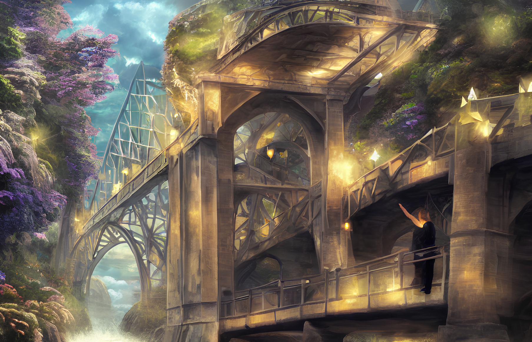 Ethereal fantasy landscape with stone bridge and glowing lanterns