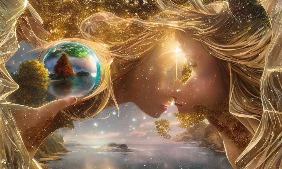 Female entity blending into cosmic backdrop with sphere reflecting lush landscape in fantastical scene.