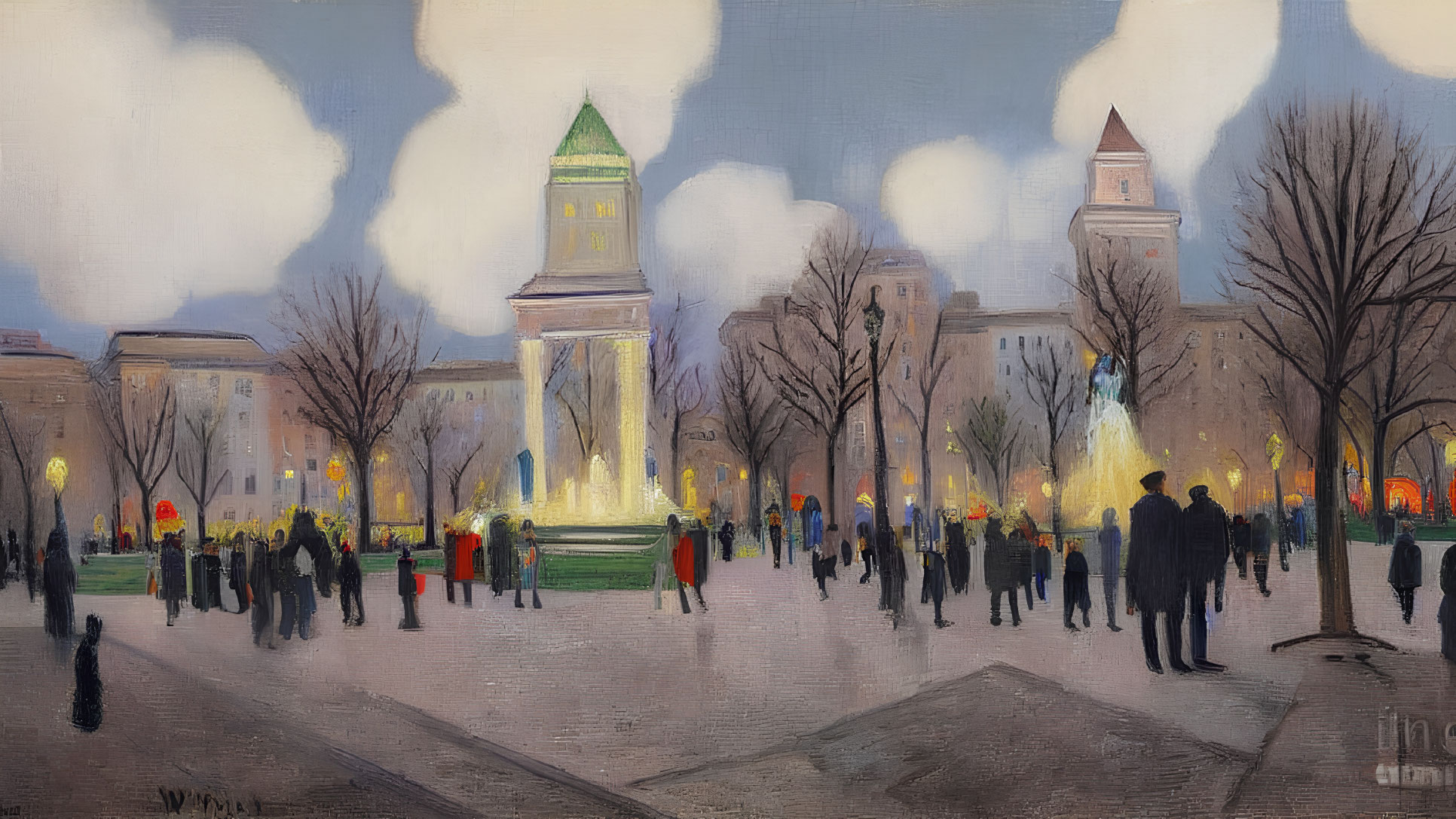 Impressionist painting: City square at dusk with pedestrians and illuminated buildings