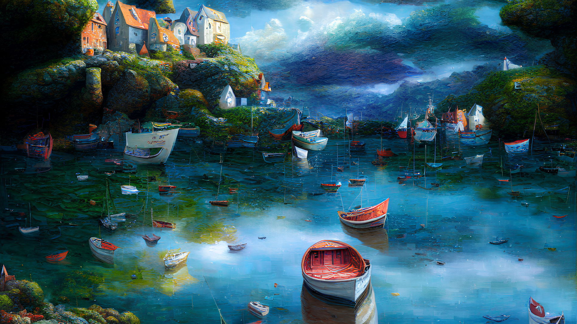 Colorful harbor scene with boats, houses, and surreal sky