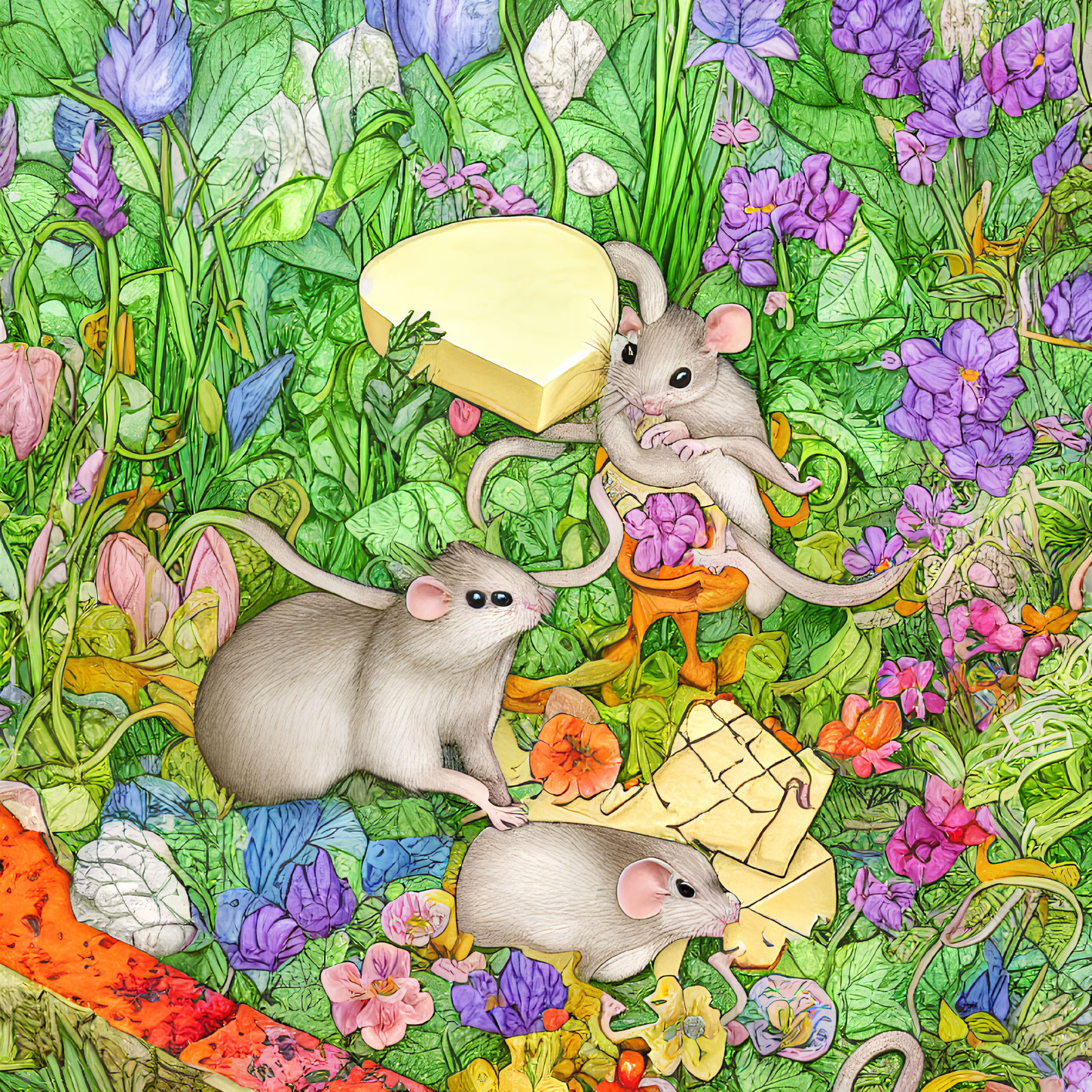 Three Mice in Flower Garden with Cheese Slice and Block