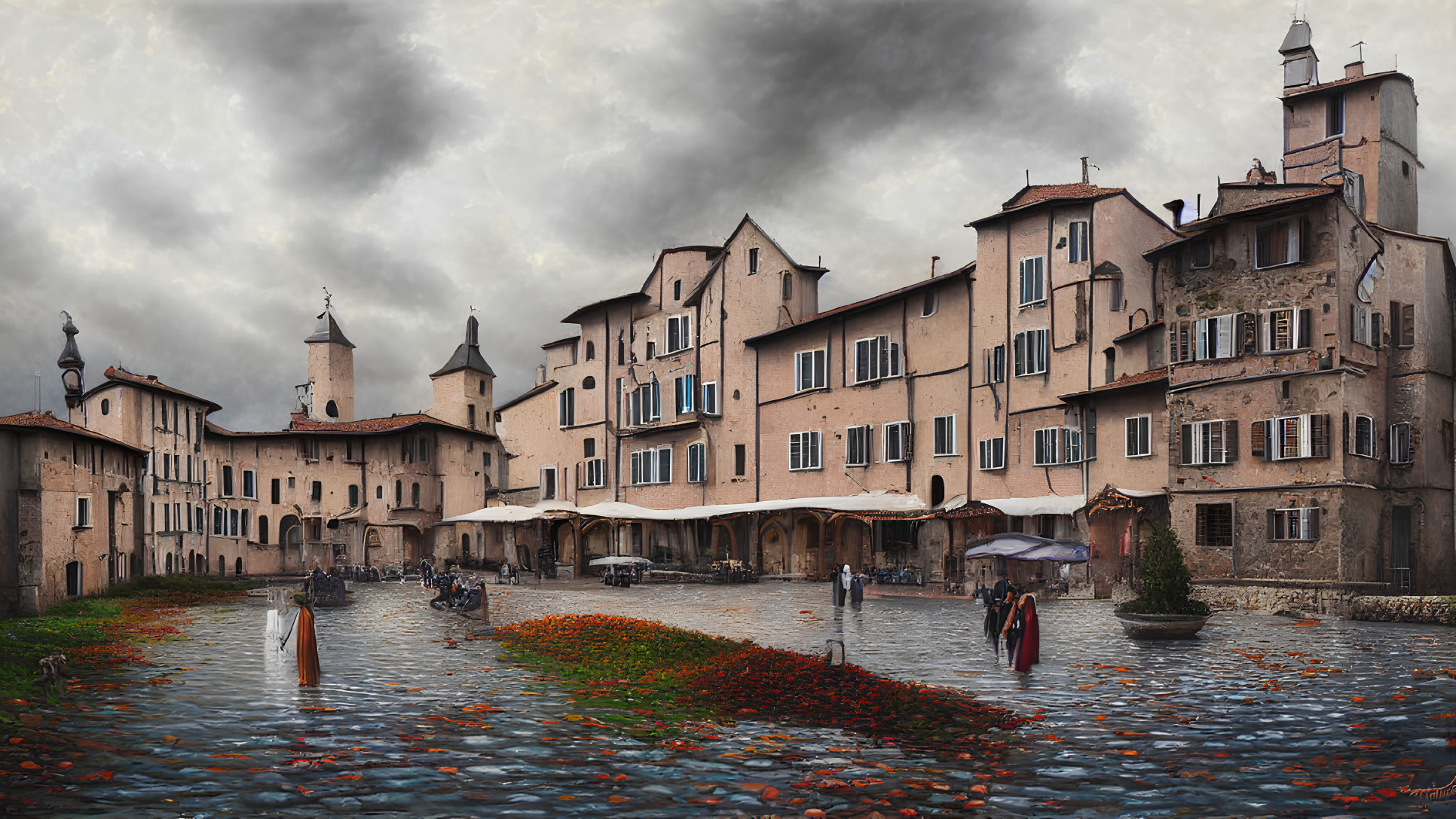 Historic cobblestone village plaza with old buildings, pedestrians, and flower petals-covered river