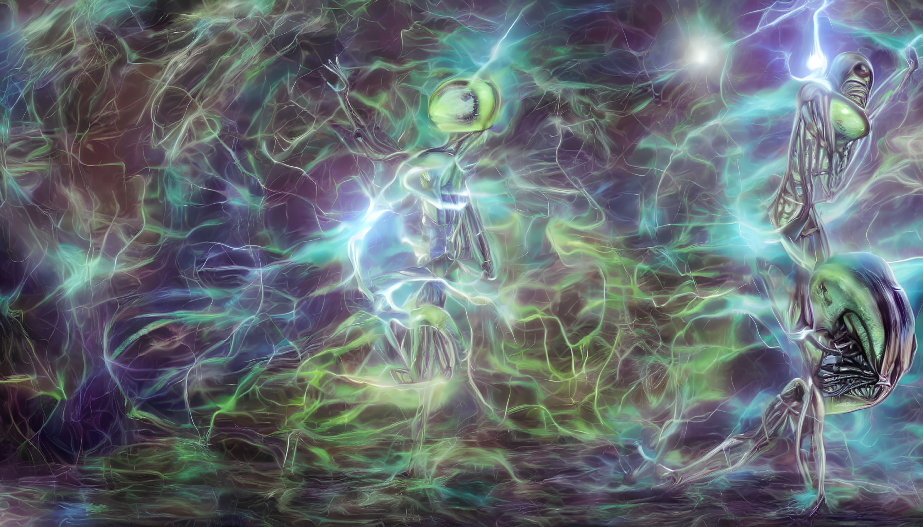 Ethereal light figures in cosmic-themed digital art