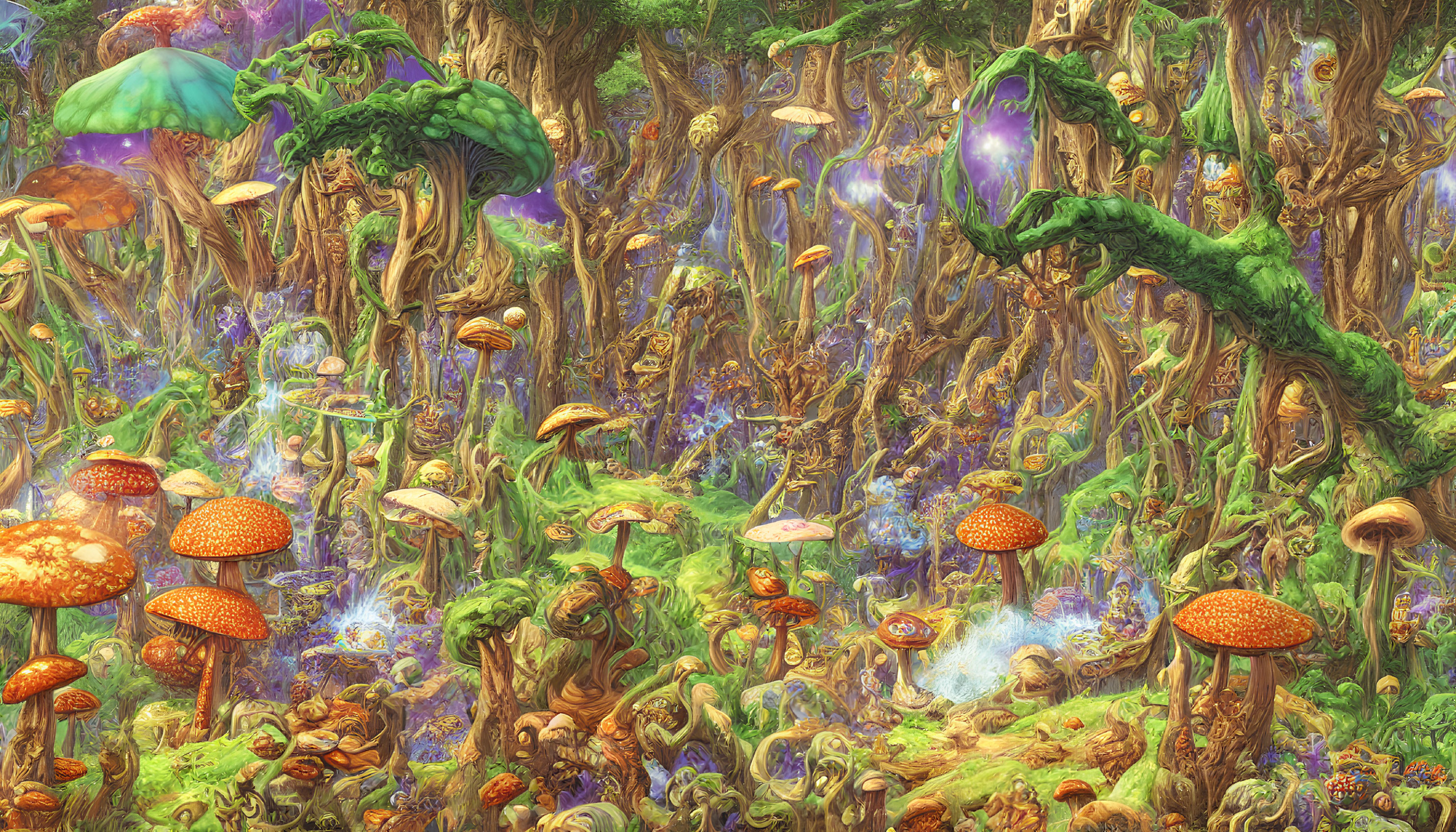 Colorful Fantastical Forest with Oversized Mushrooms and Twisted Trees