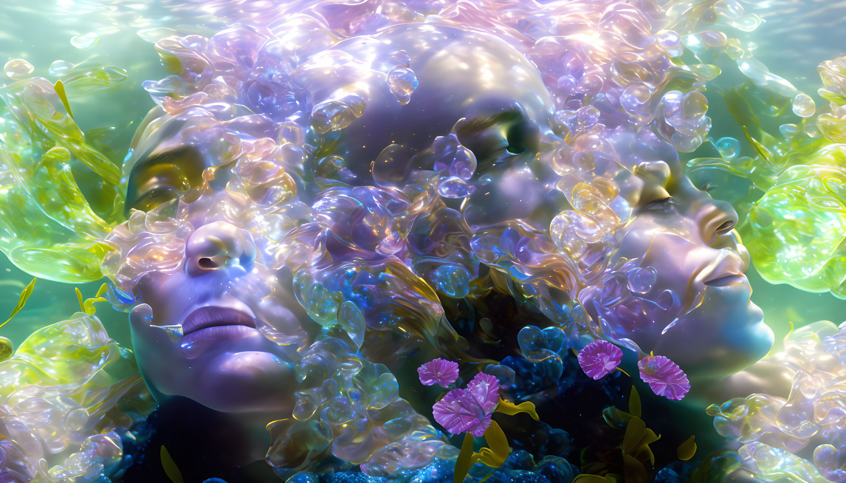 Surreal image of translucent faces in pastel colors with iridescent bubbles