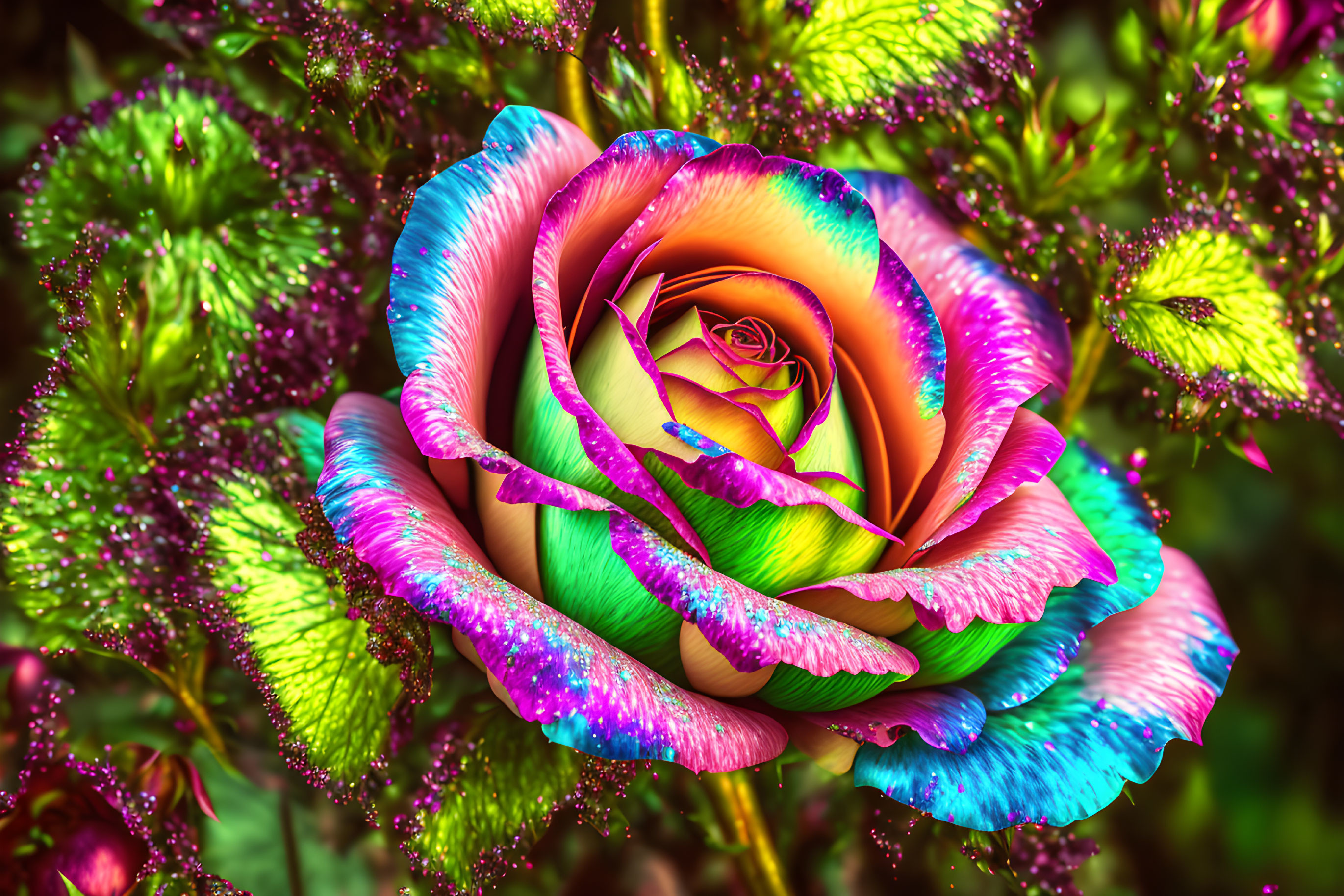 Multicolored rose with iridescent petals and sparkly green and pink foliage.