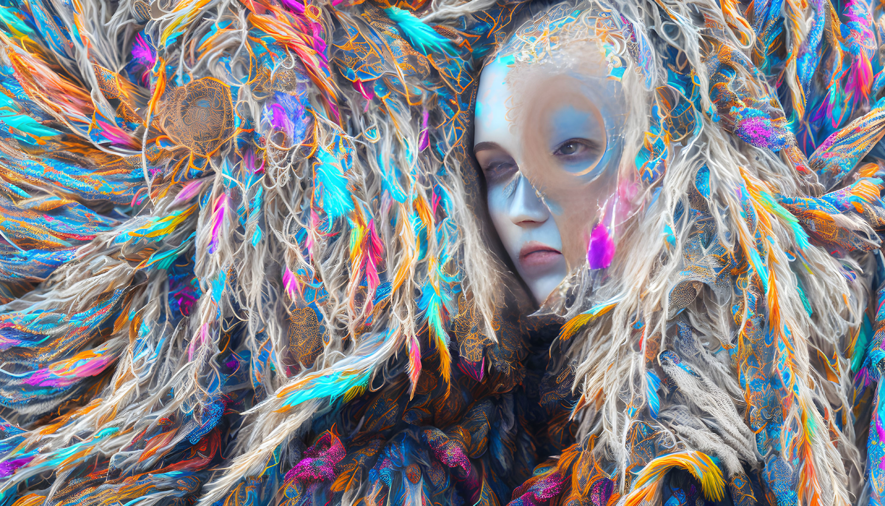 Colorful Feathered Costume with Face Paint for a Mystique Look