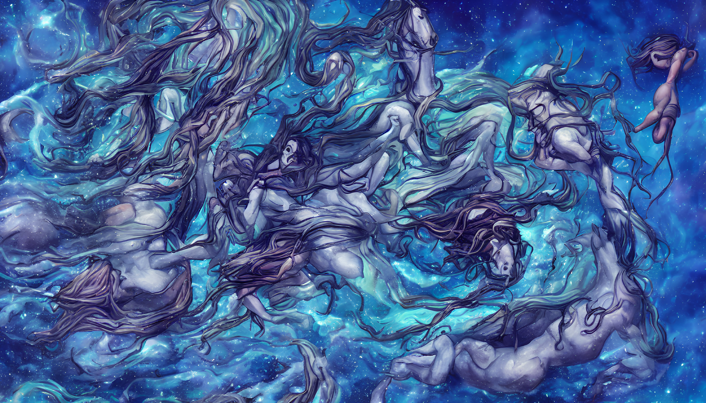 Ethereal figures with flowing hair in cosmic blue nebula