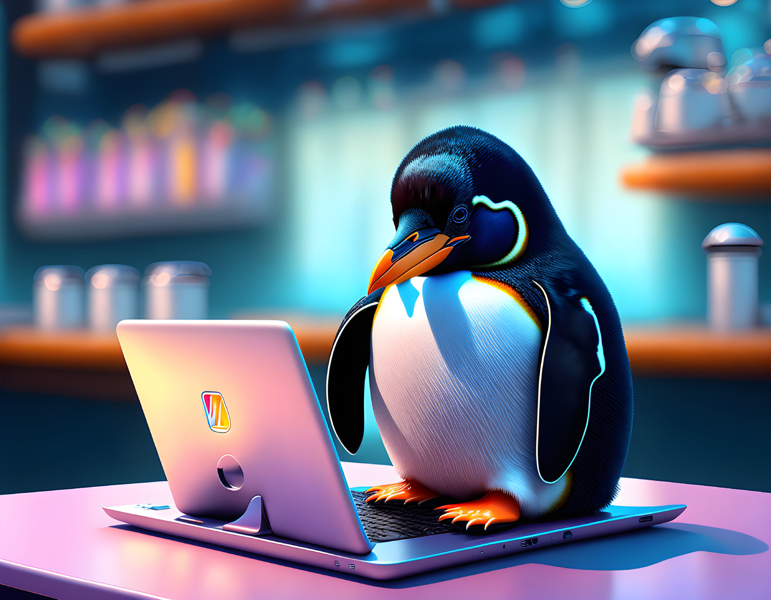 Cartoon penguin at purple-lit bar using laptop with orange logo