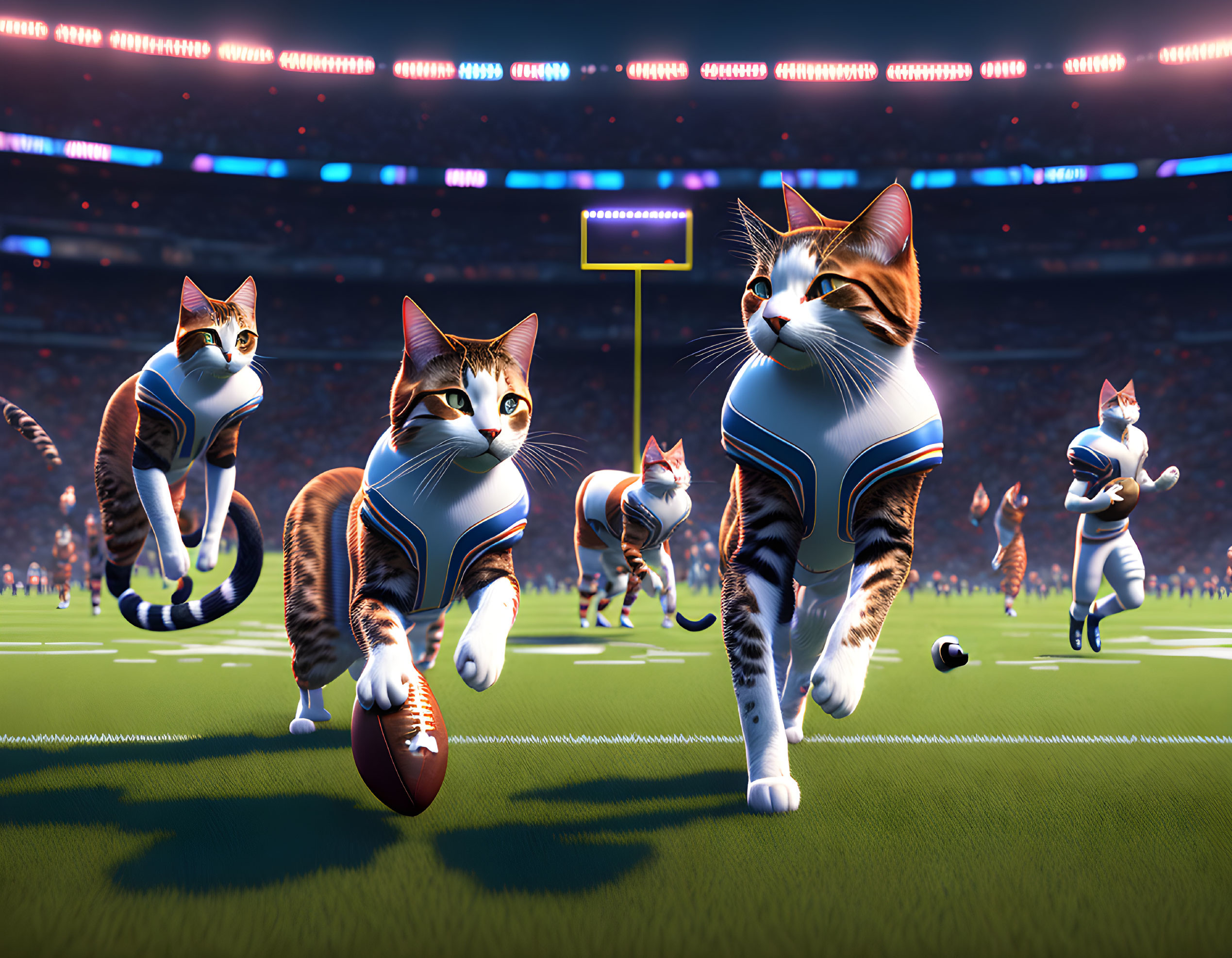 Animated cats play football on stadium field with bright lights