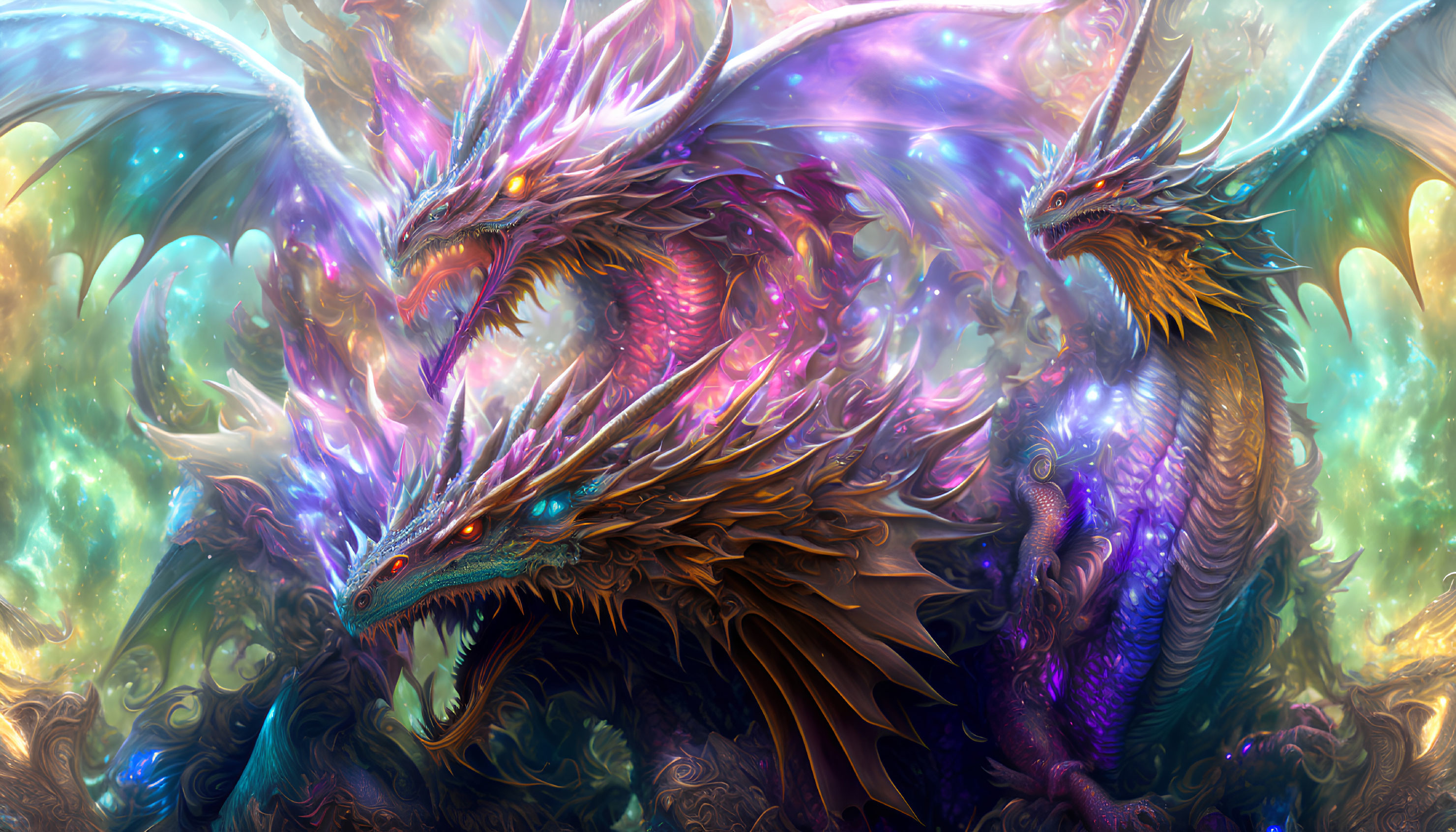 Colorful digital artwork: Three majestic dragons in vibrant landscape