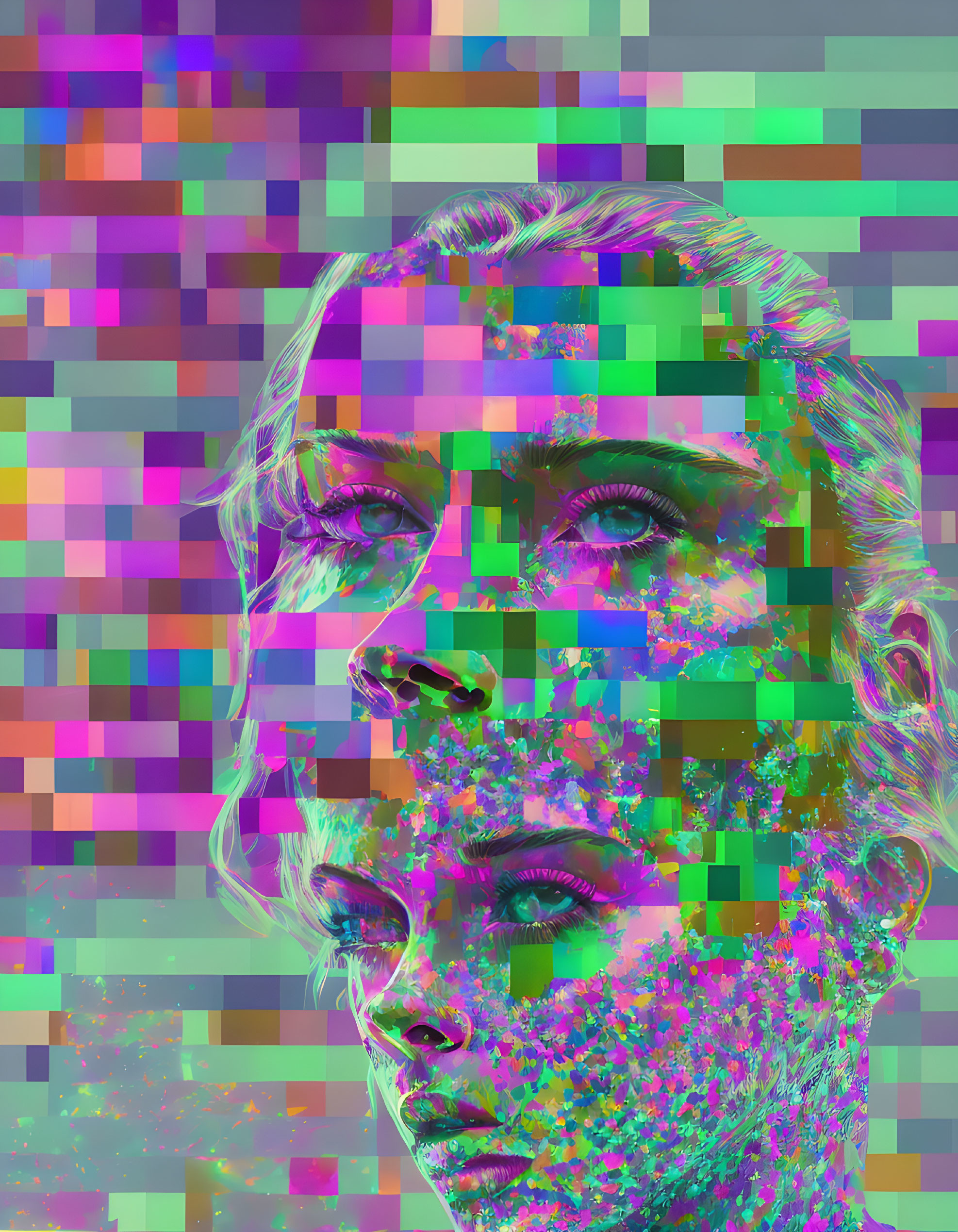 Fragmented glitch art style digital portrait of a woman with vibrant colors.