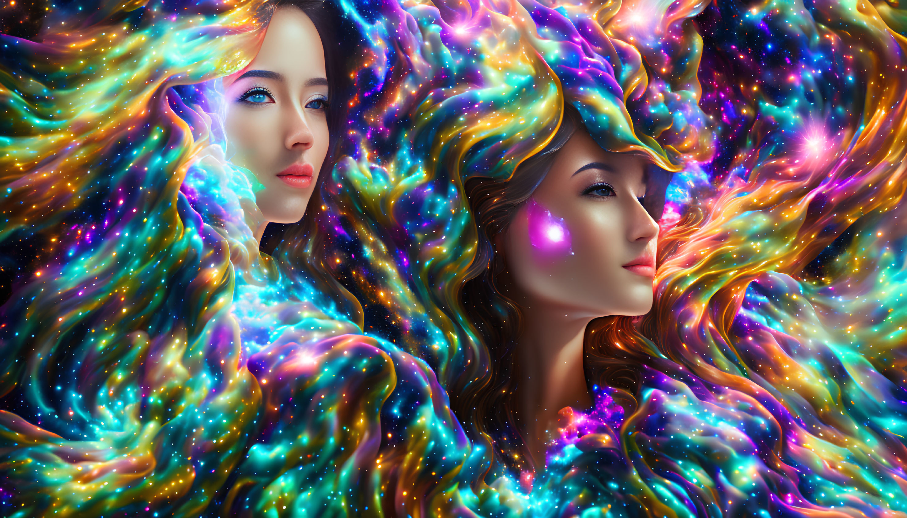 Women's Hair and Skin Blended Into Cosmic Nebula Artwork