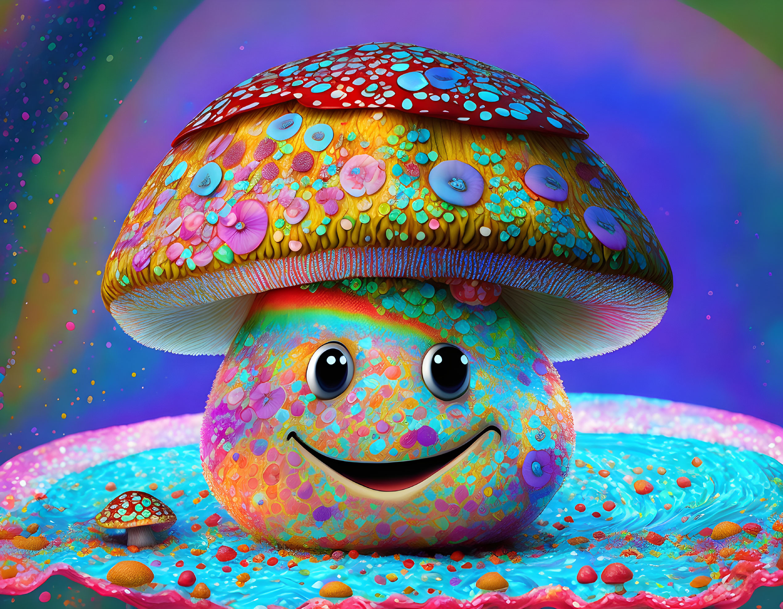 Whimsical smiling character with mushroom cap head in vibrant illustration