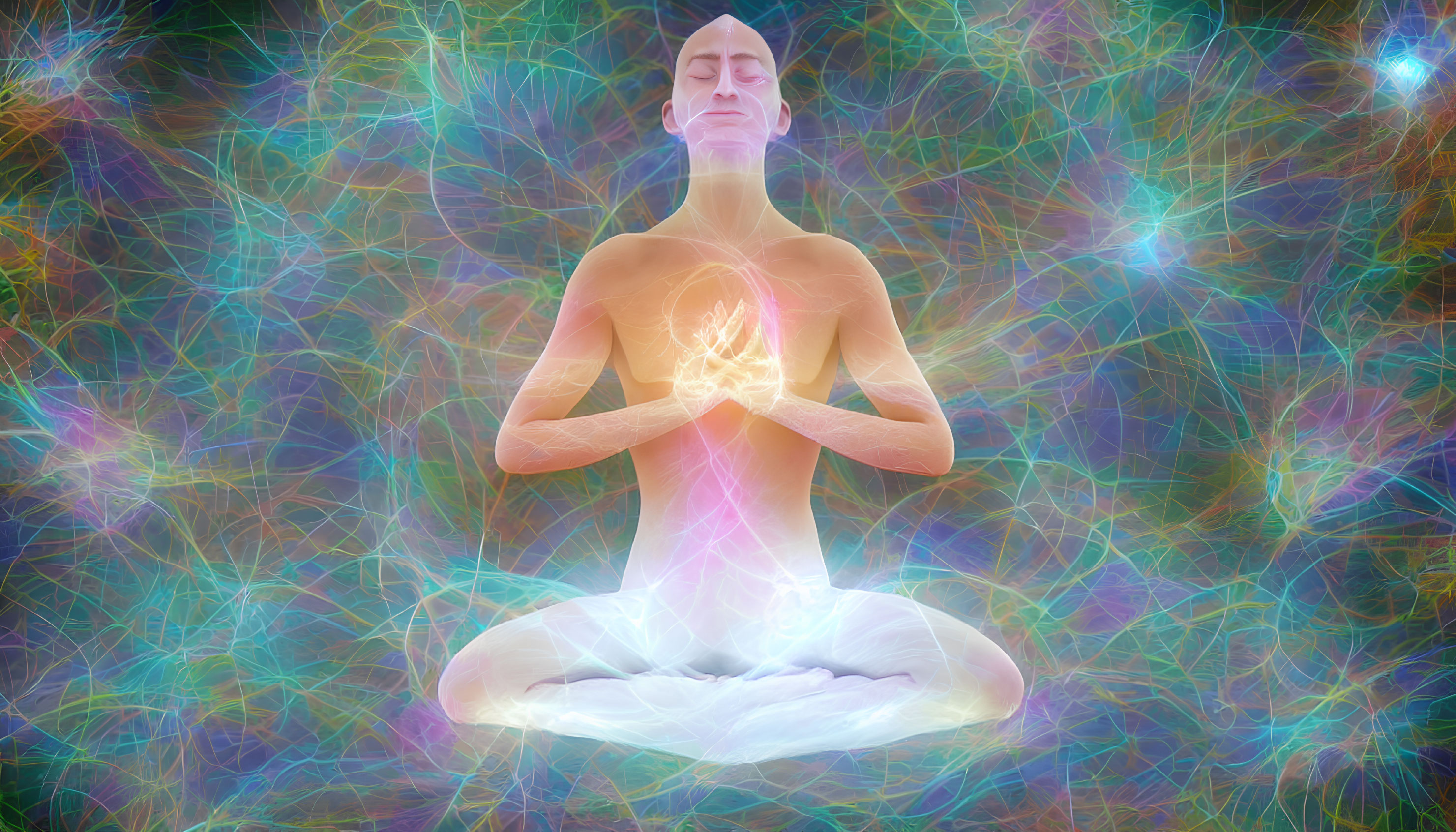 Digital illustration: Person meditating with glowing chakras in vibrant, abstract energy scene