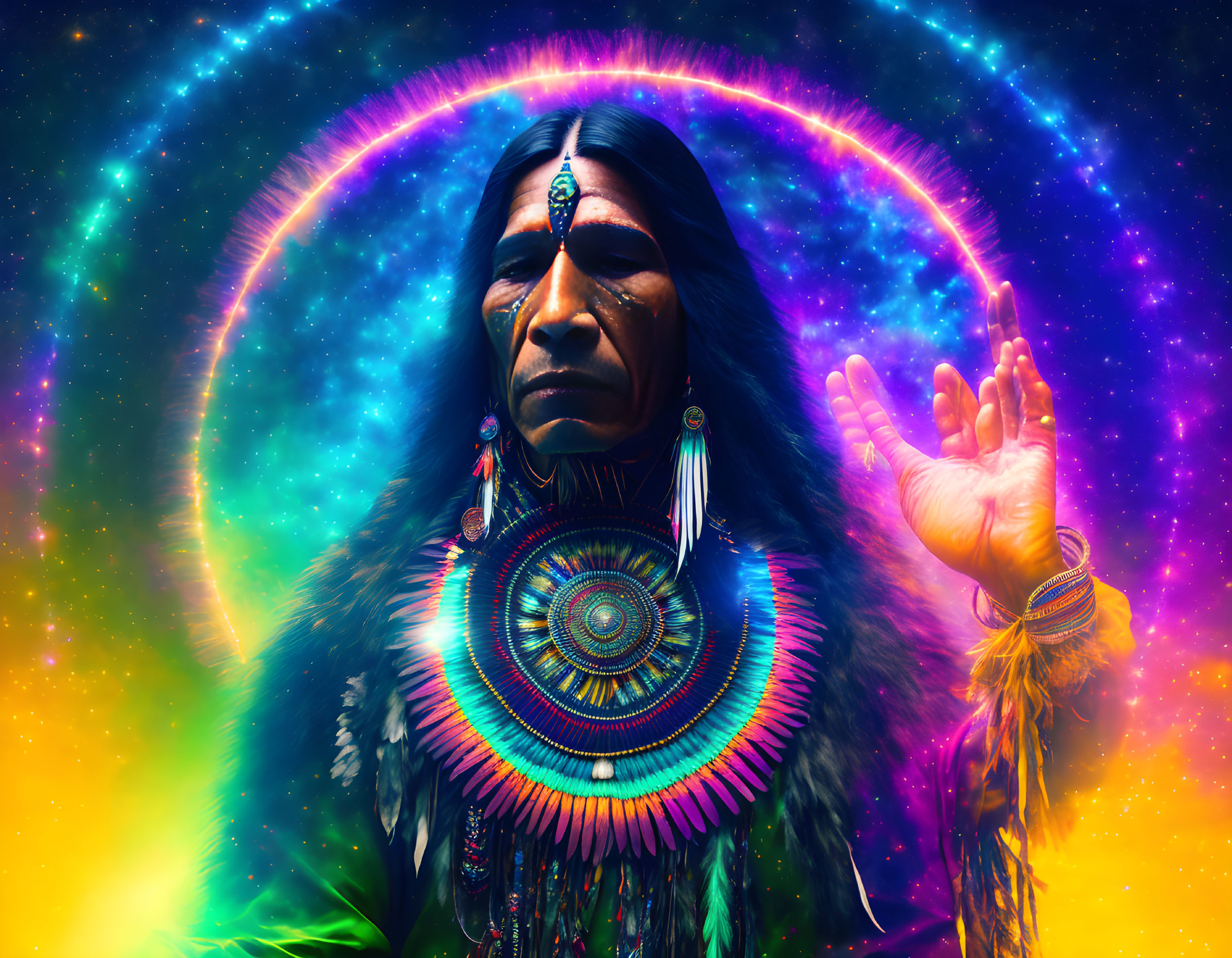 Native American man in traditional attire against neon-lit background