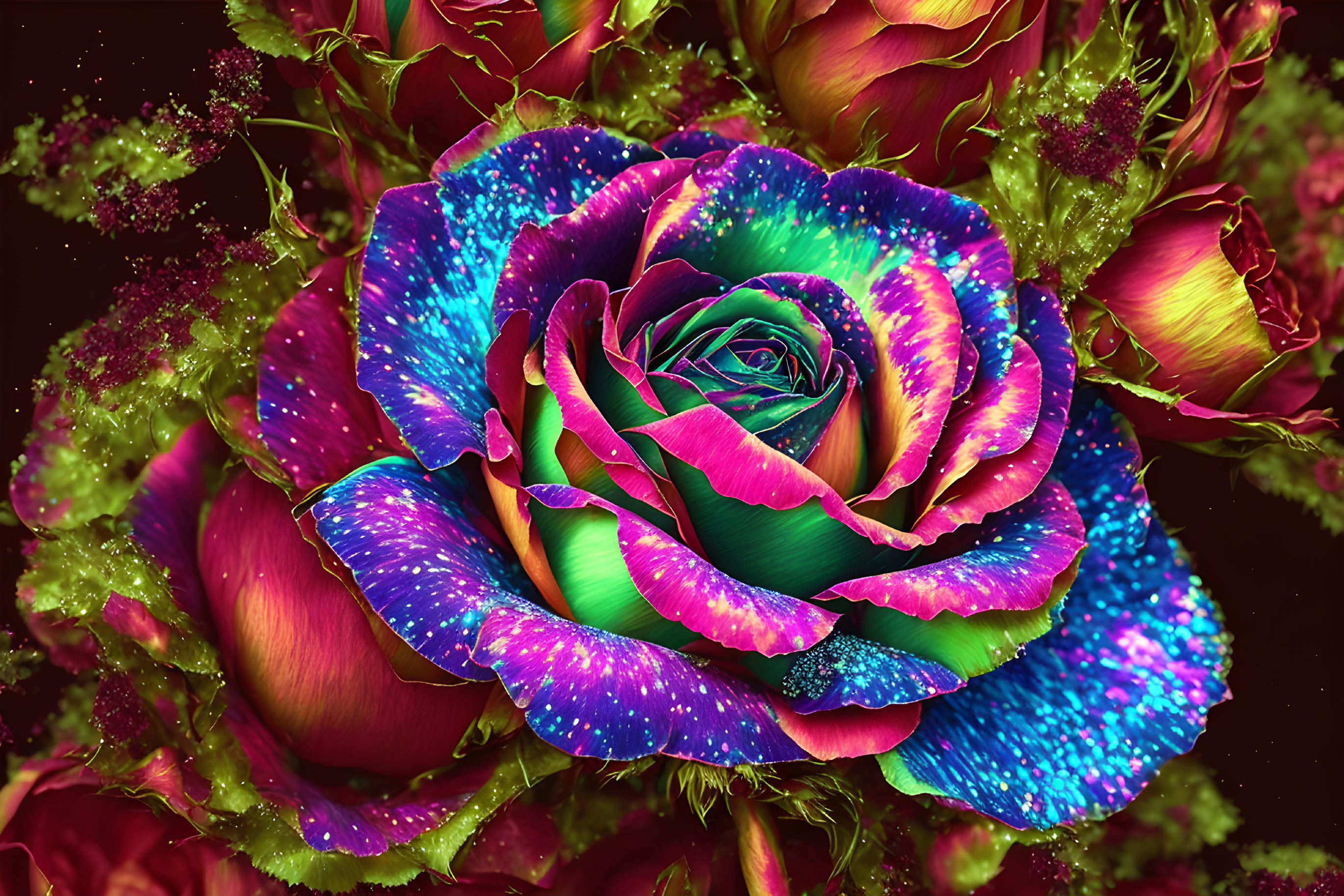 Multicolored rose with pink, green, blue, and purple hues on dark background