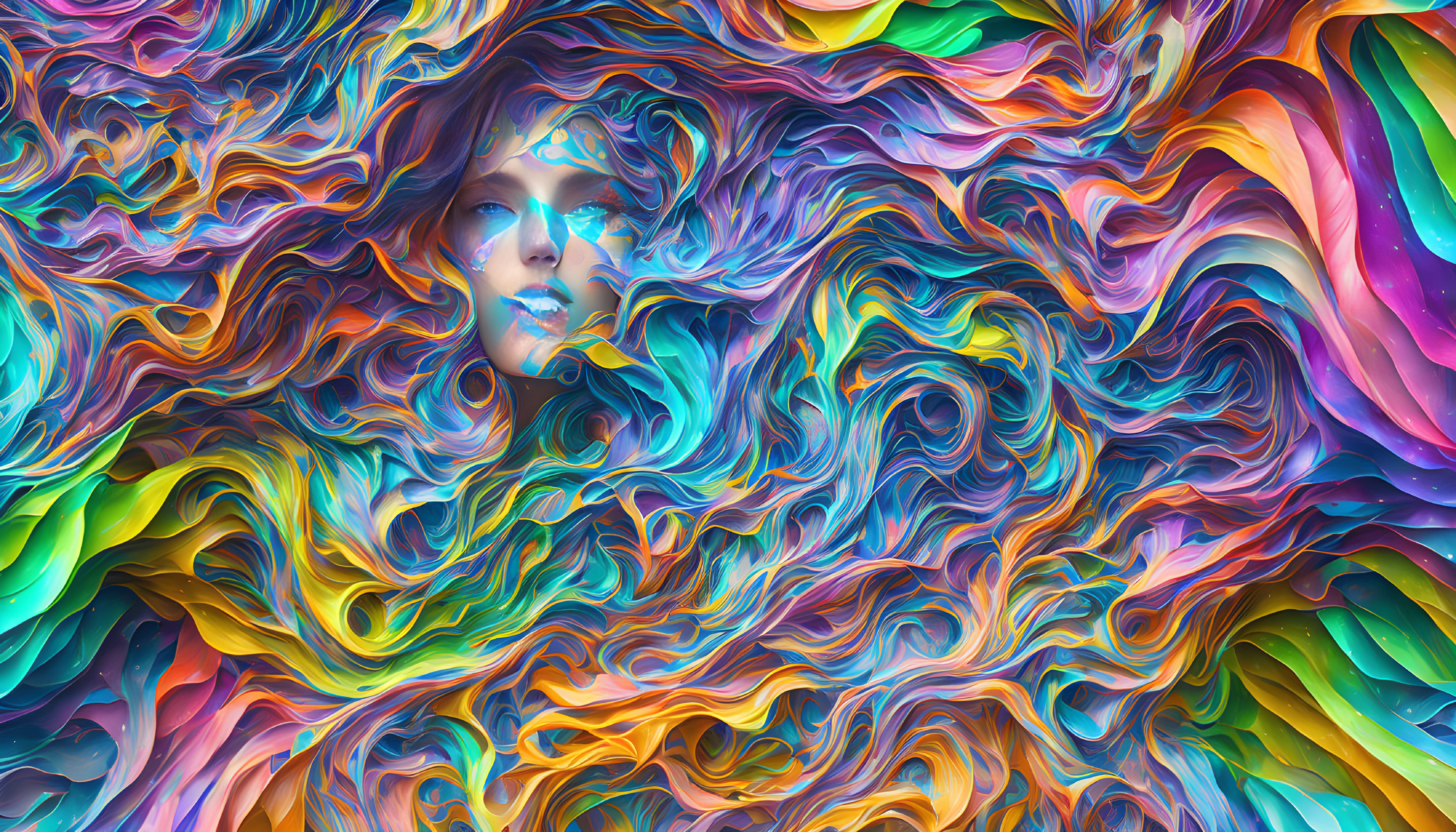 Colorful Abstract Digital Artwork: Woman's Face Blended into Vibrant Pattern