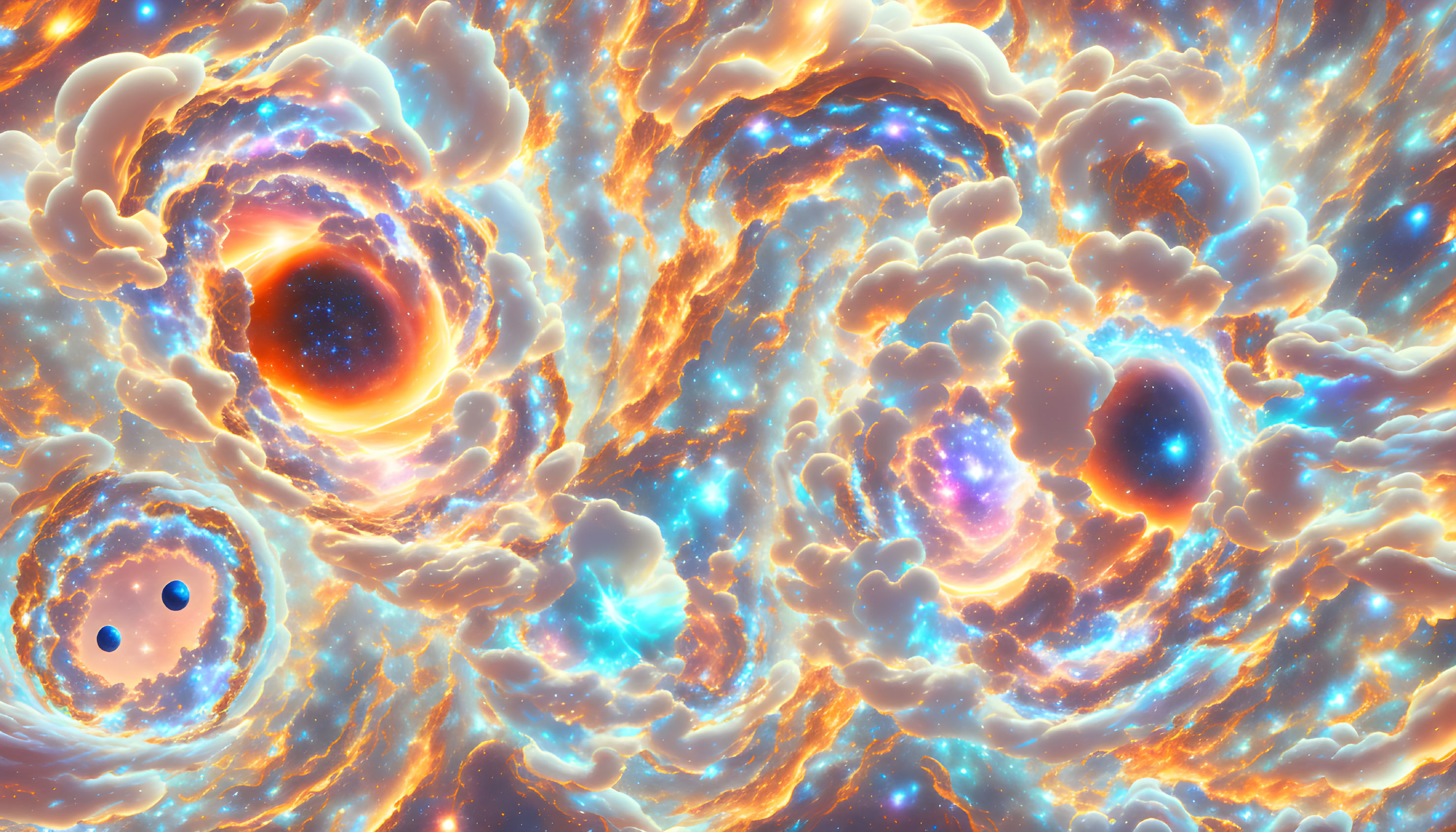 Colorful cosmic scene with orange and blue nebulae and stars