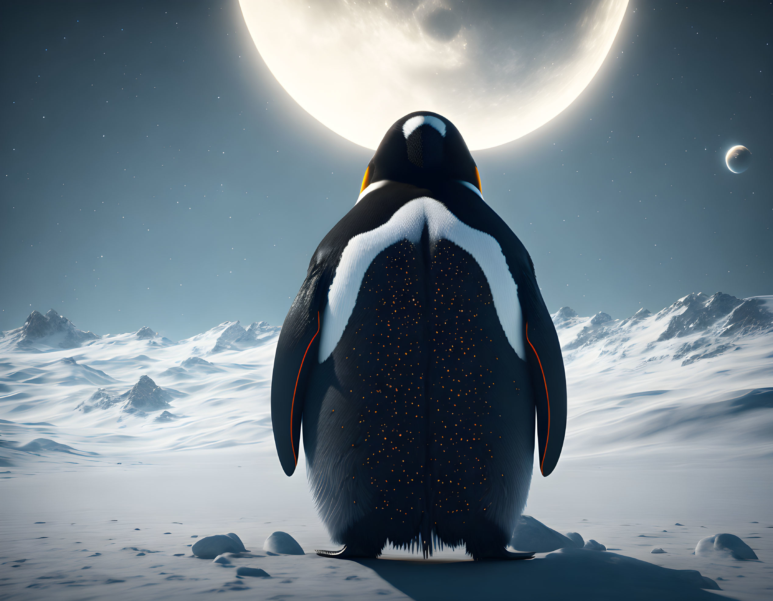 Penguin looking at moon over snowy mountain landscape