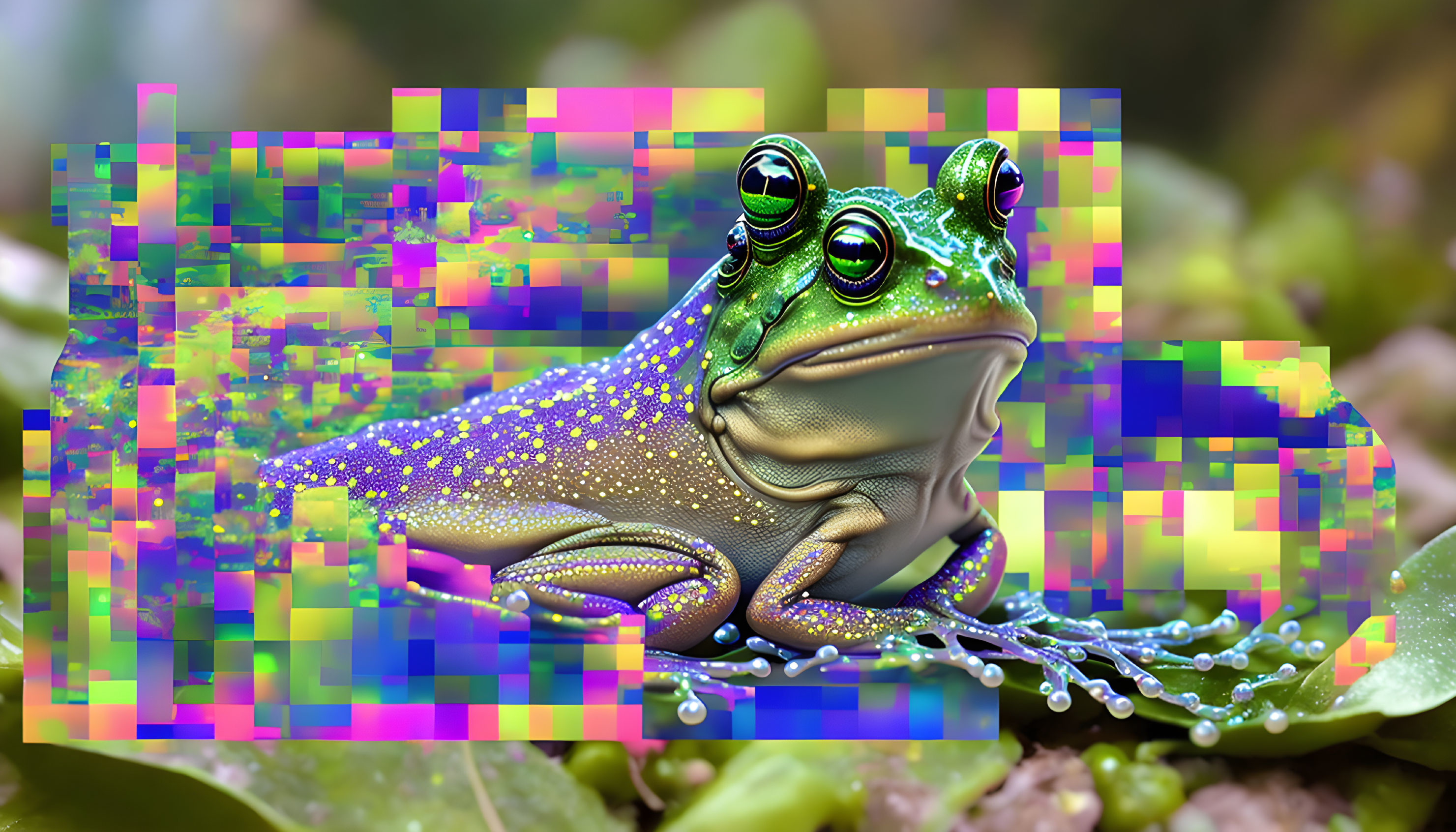 Colorful Glitch Art Frog Amid Pixelated Squares and Green Leaves