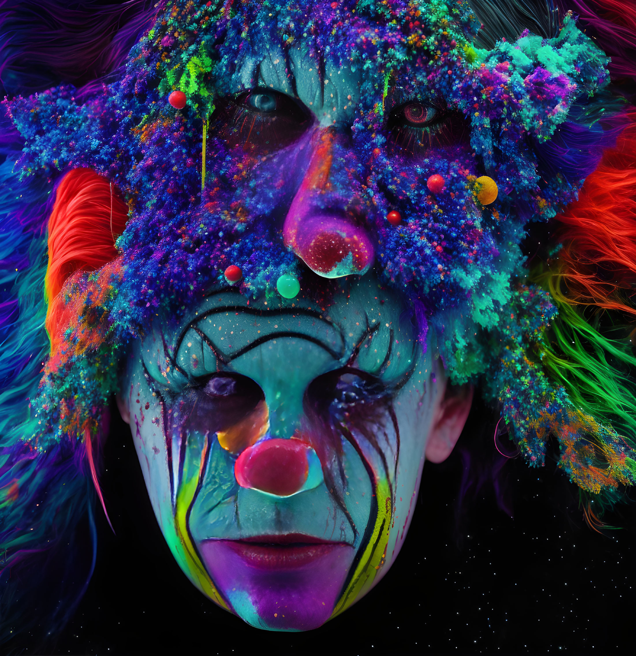 Colorful clown makeup and wolf-like mask with vibrant fur and cosmic paint splatters.