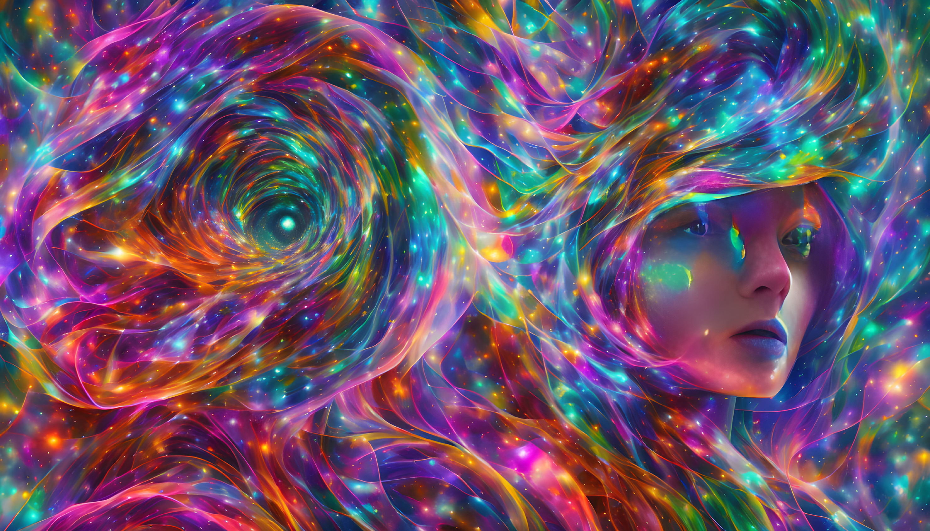 Colorful digital artwork: Person merging with cosmic swirls in space-themed scene