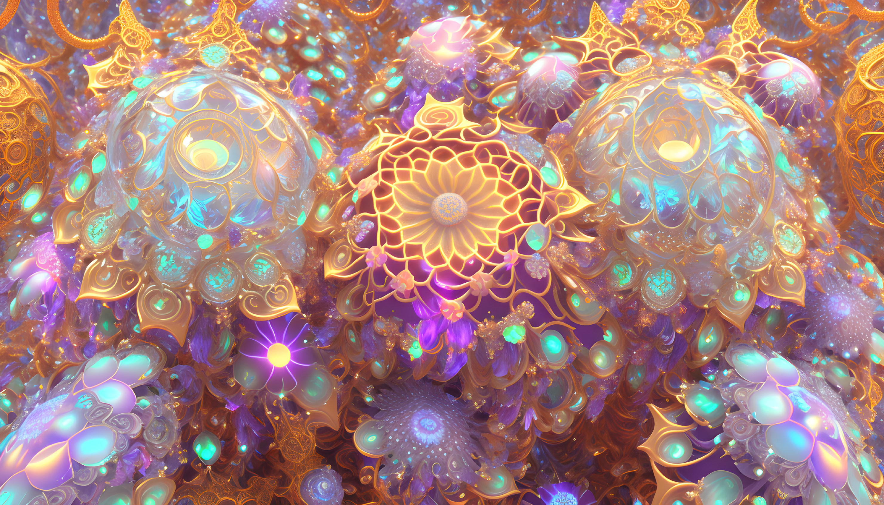 Colorful fractal image with gold, purple, and blue patterns and symmetrical shapes.