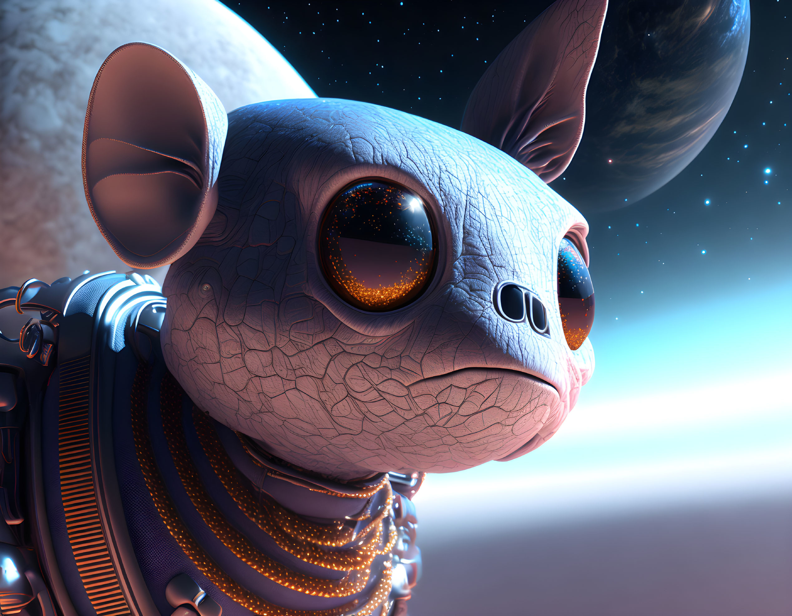 Stylized alien creature with large eyes in futuristic attire against cosmic backdrop.