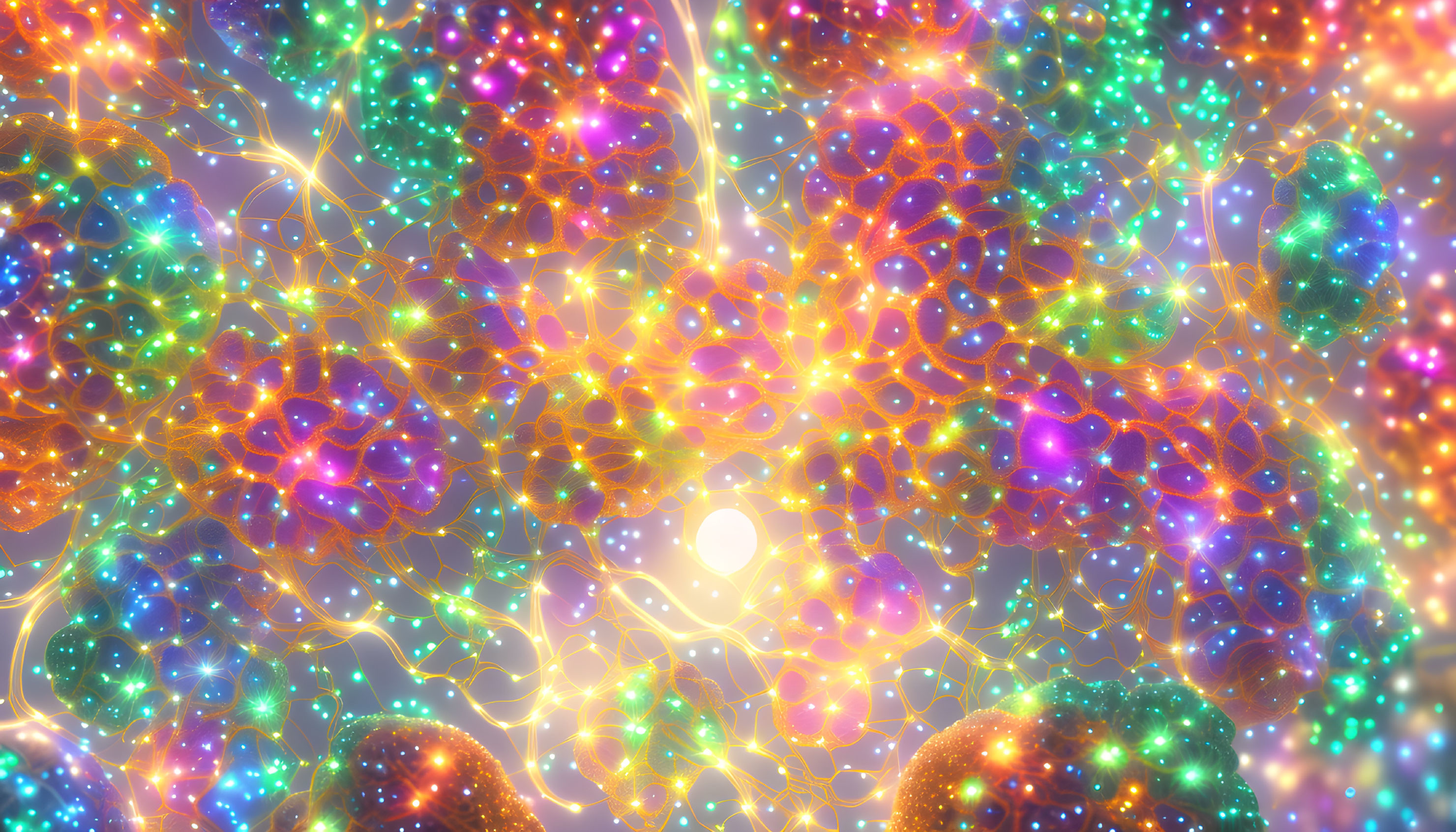 Neon-colored interconnected nodes and lines on abstract cosmic background