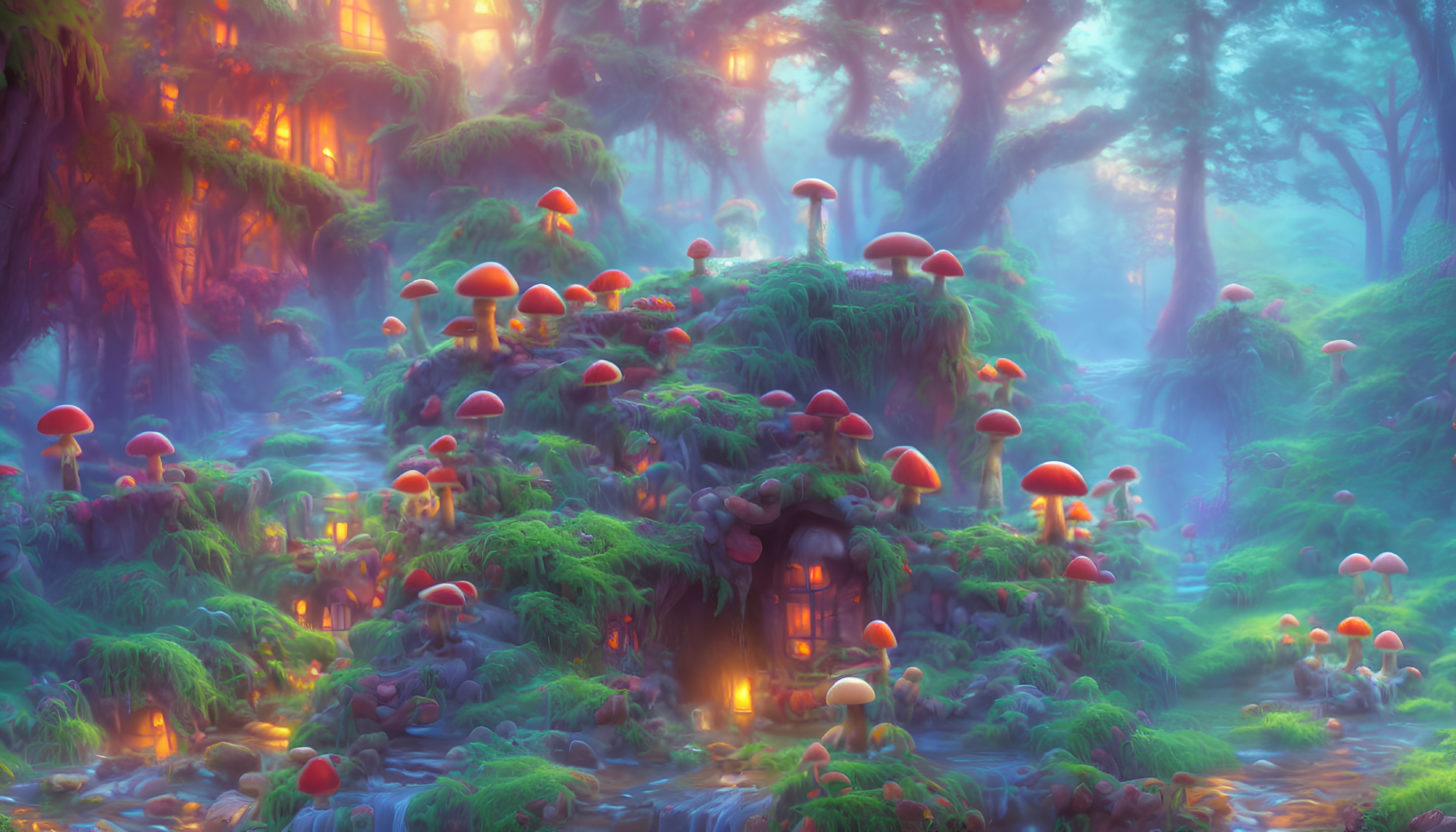 Vibrant oversized mushrooms in enchanted forest with quaint house and mystical light