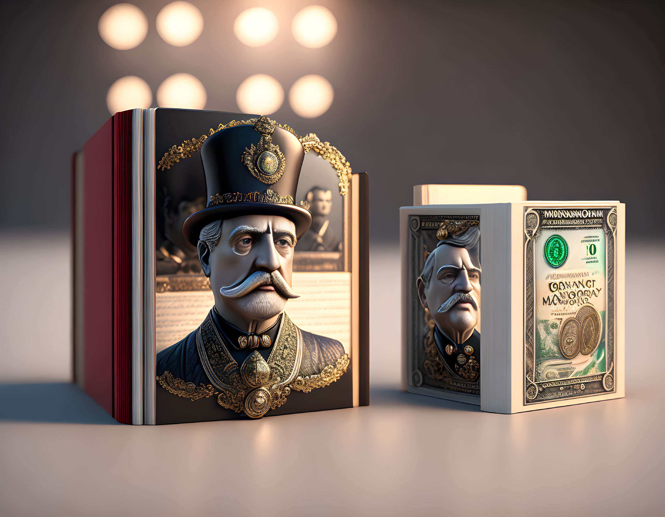 3D illustration: Ornate books with fictional covers, 19th-century general attire, and 