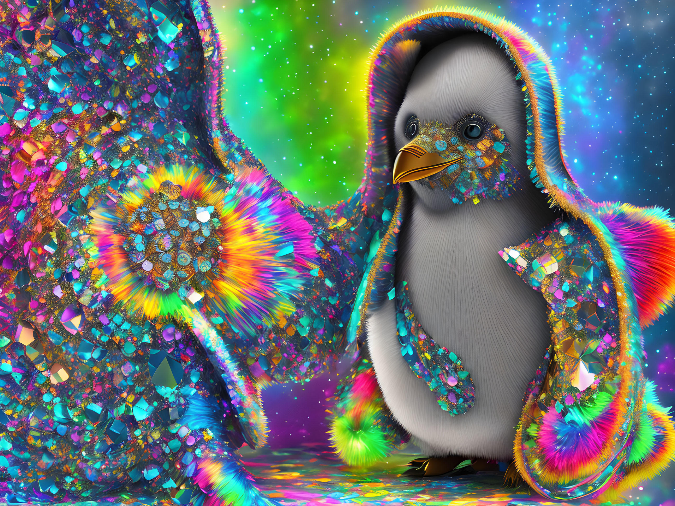 Colorful Penguin Artwork with Gemstones on Psychedelic Background