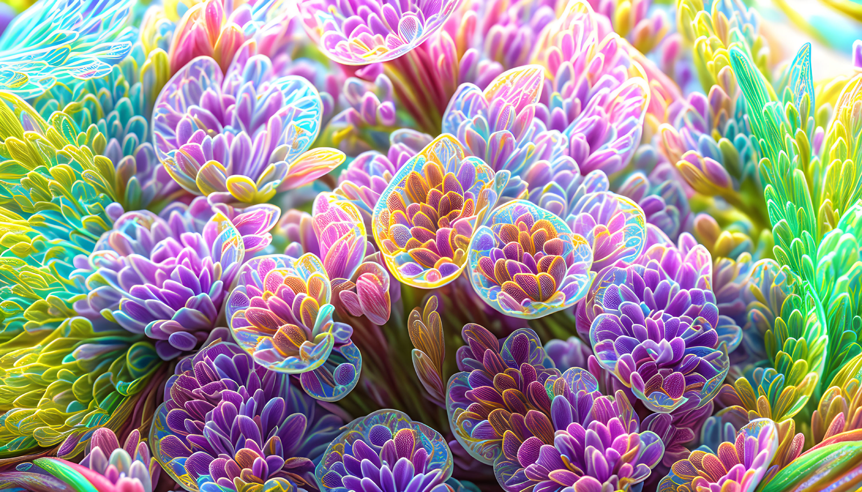 Colorful layered petal structures with neon highlights in digital art