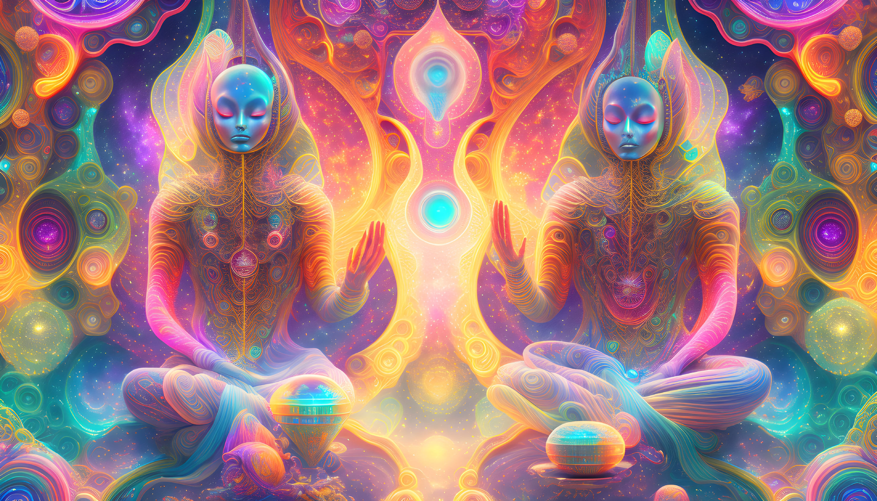 Symmetrical, Vibrant Artwork with Meditative Figures and Cosmic Elements